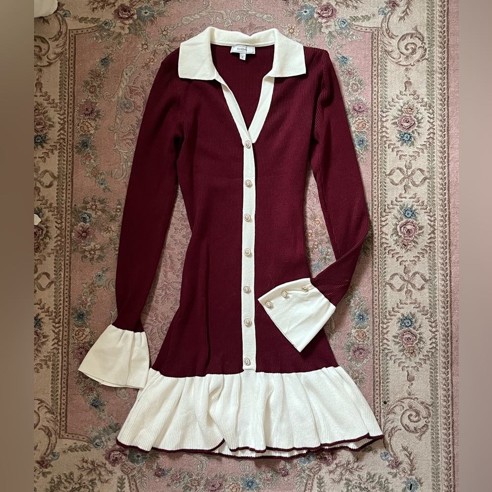 RIHOAS Burgundy and Cream Mini Dress